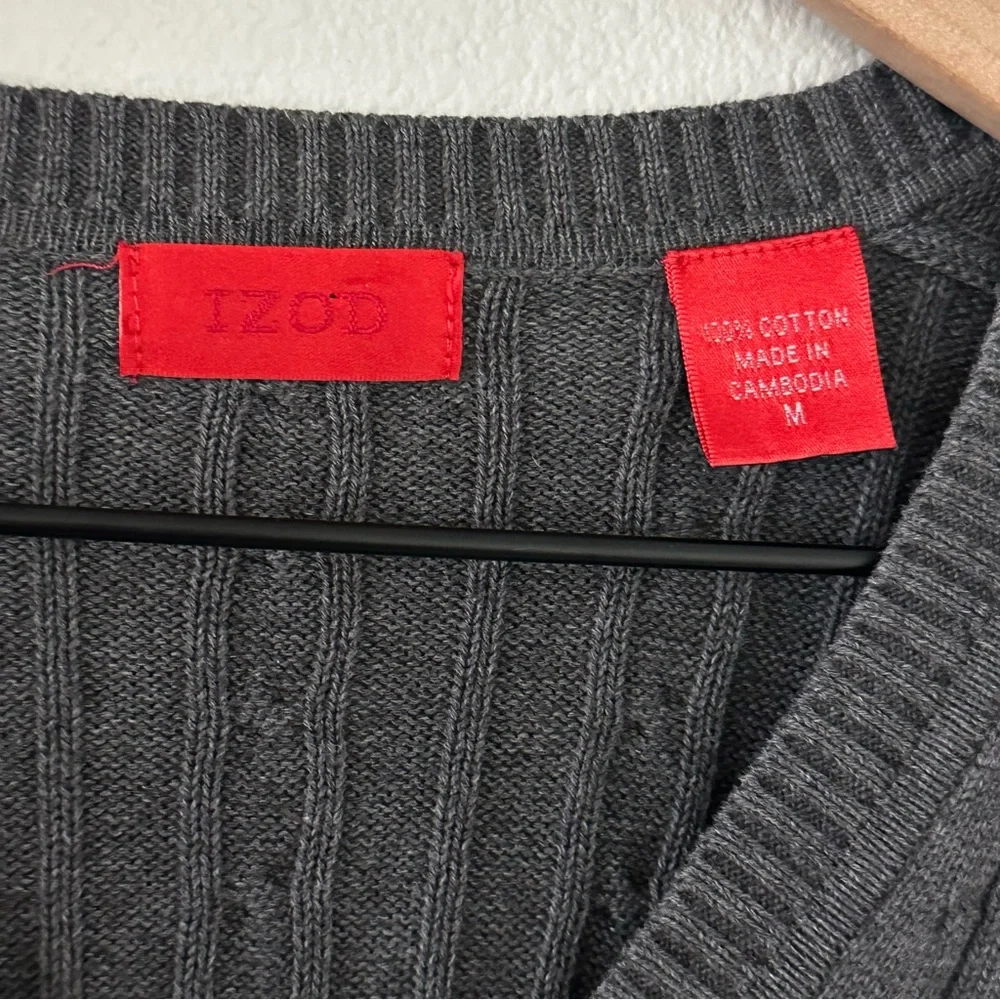 Izod Mens Cable Knit Sweater Grey Long Sleeve Pullover Size M Preppy 100% Cotton